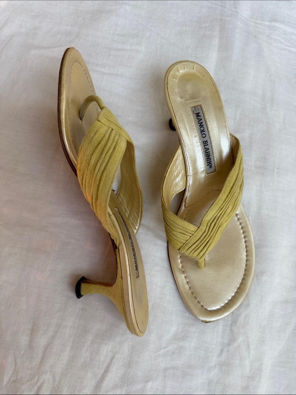 Manolo Blahnik Metallic Gold Chartreuse Sandals with Suede Thong Sandal Straps